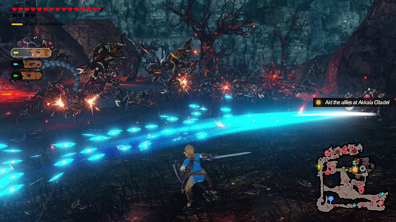 A screenshot of Hyrule Warriors: Age of Calamity - Definitive Edition, showing Link battling another large horde of enemies.