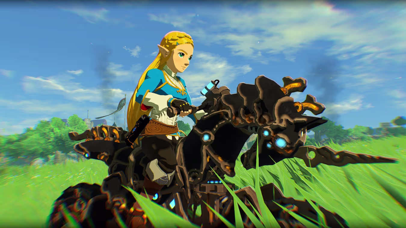 A screenshot of Hyrule Warriors: Age of Calamity - Definitive Edition, showing Zelda riding atop the Master Cycle Zero weapon that was added in the original game's DLC, now included in Definitive Edition by default.