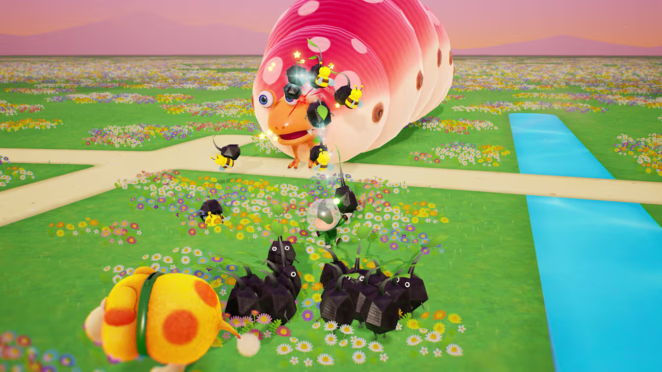 A screenshot of the Switch 2 Edition of Pikmin 4, showing a Pikmin Bloom-inspired stage in Dandori Academy.