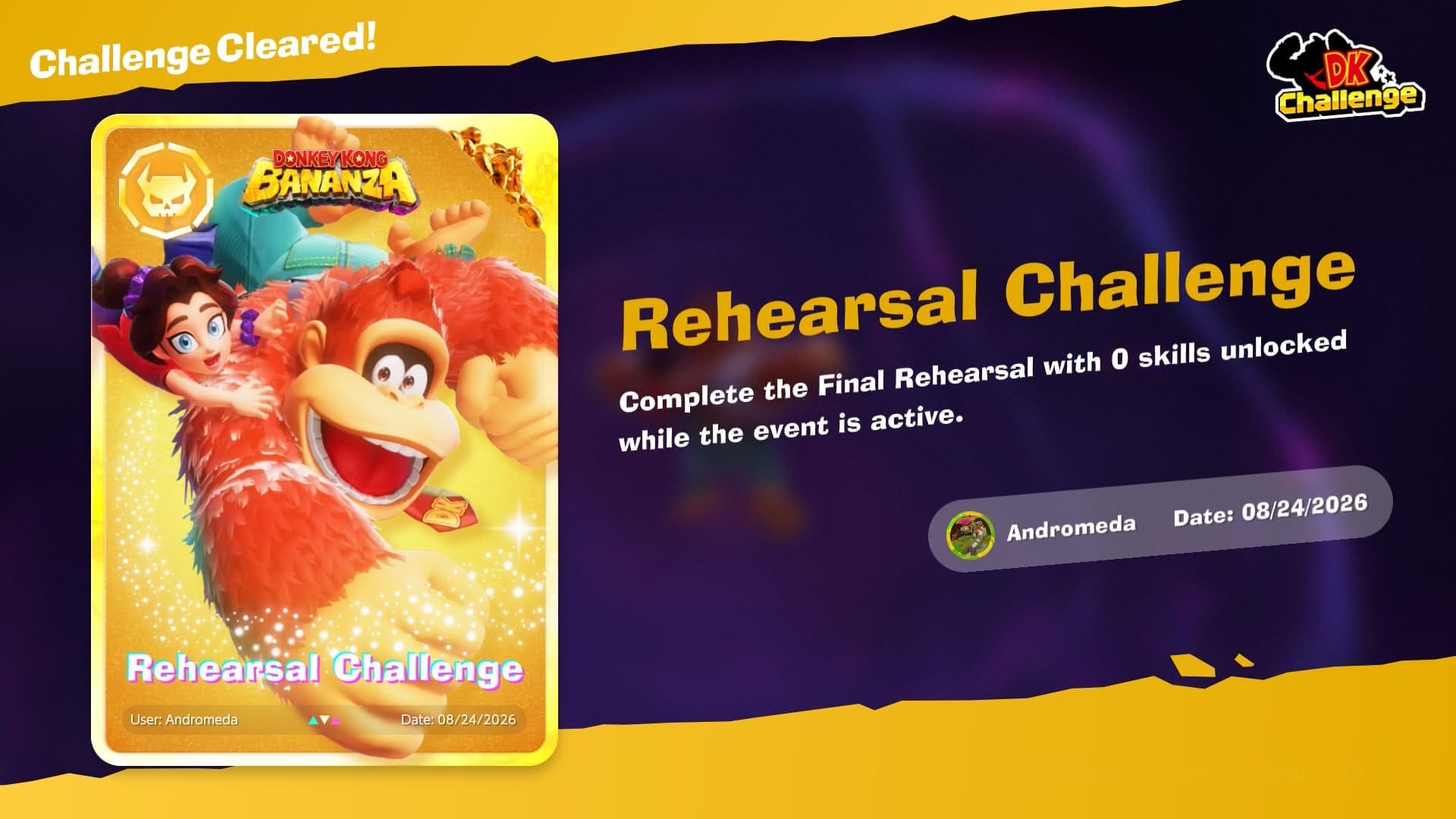 Proof of my triumph over Donkey Kong Bananza and the DK Challenge's hardest challenge.