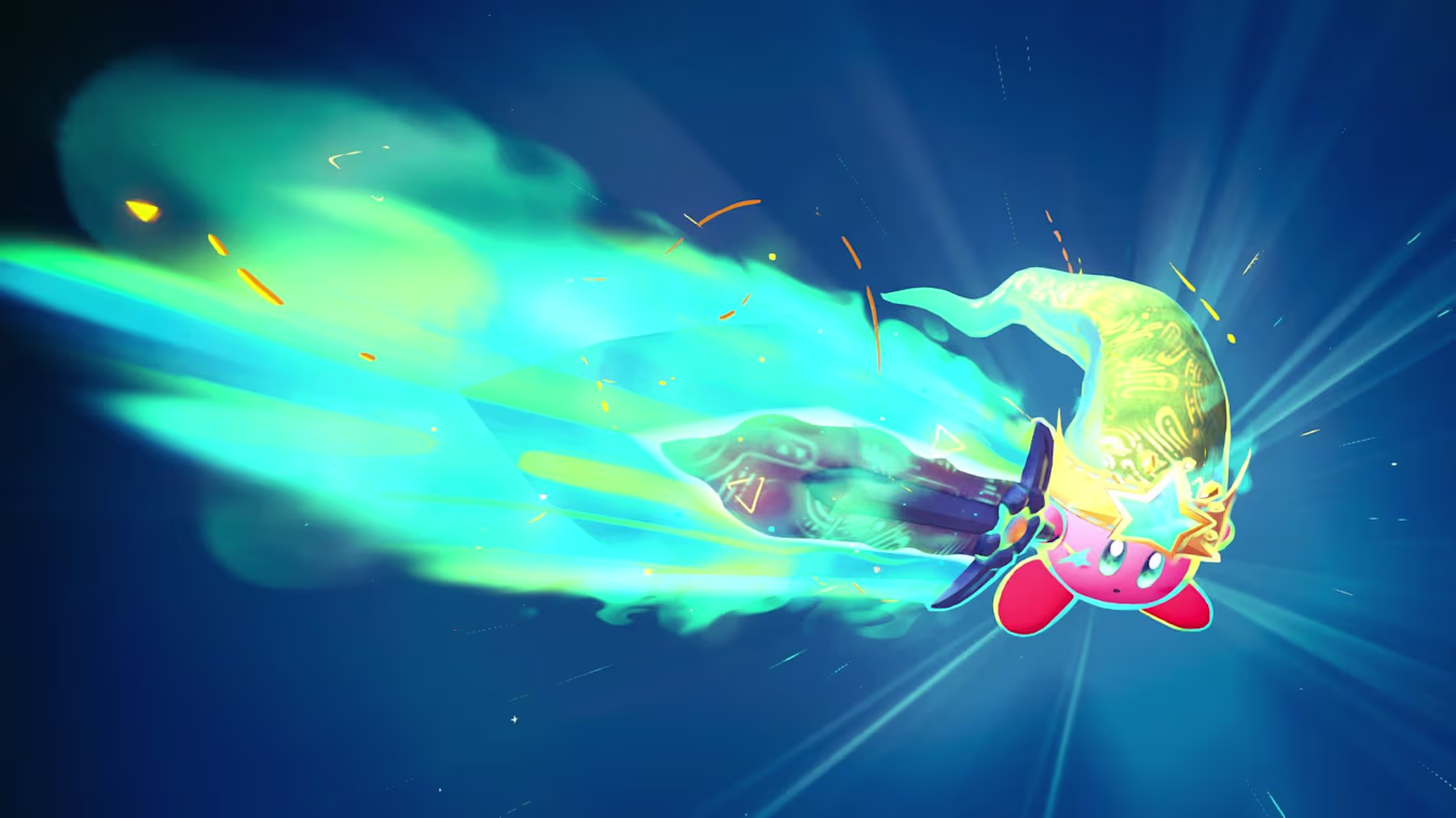 A screenshot from Kirby and the World Beyond, showing Kirby gaining a powered up Sword ability reminiscent of Super Abilities from Return to Dream Land.