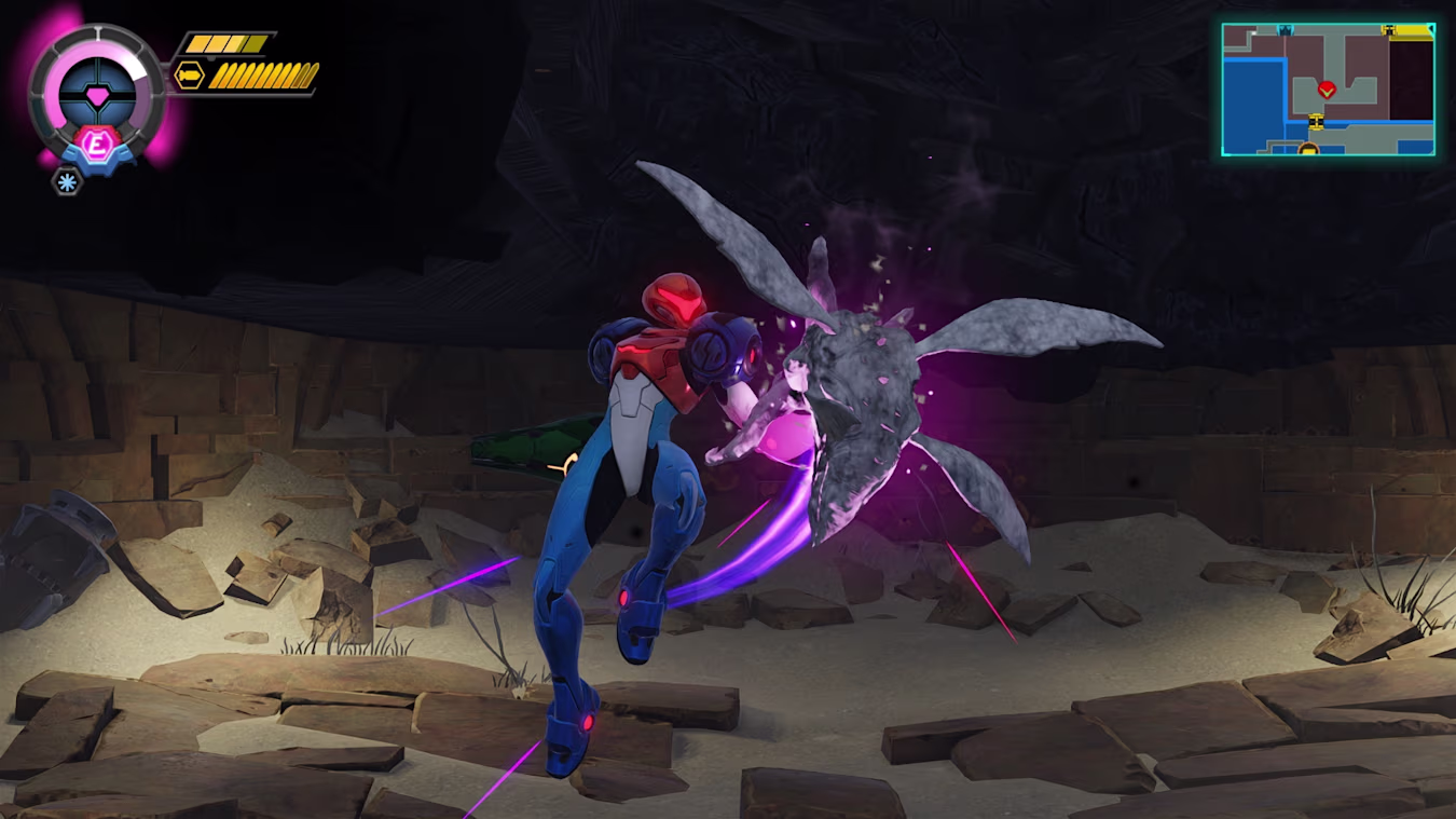 A screenshot from Metroid Ravenous, showing Samus using her Metroid powers to drain the life force from an enemy.