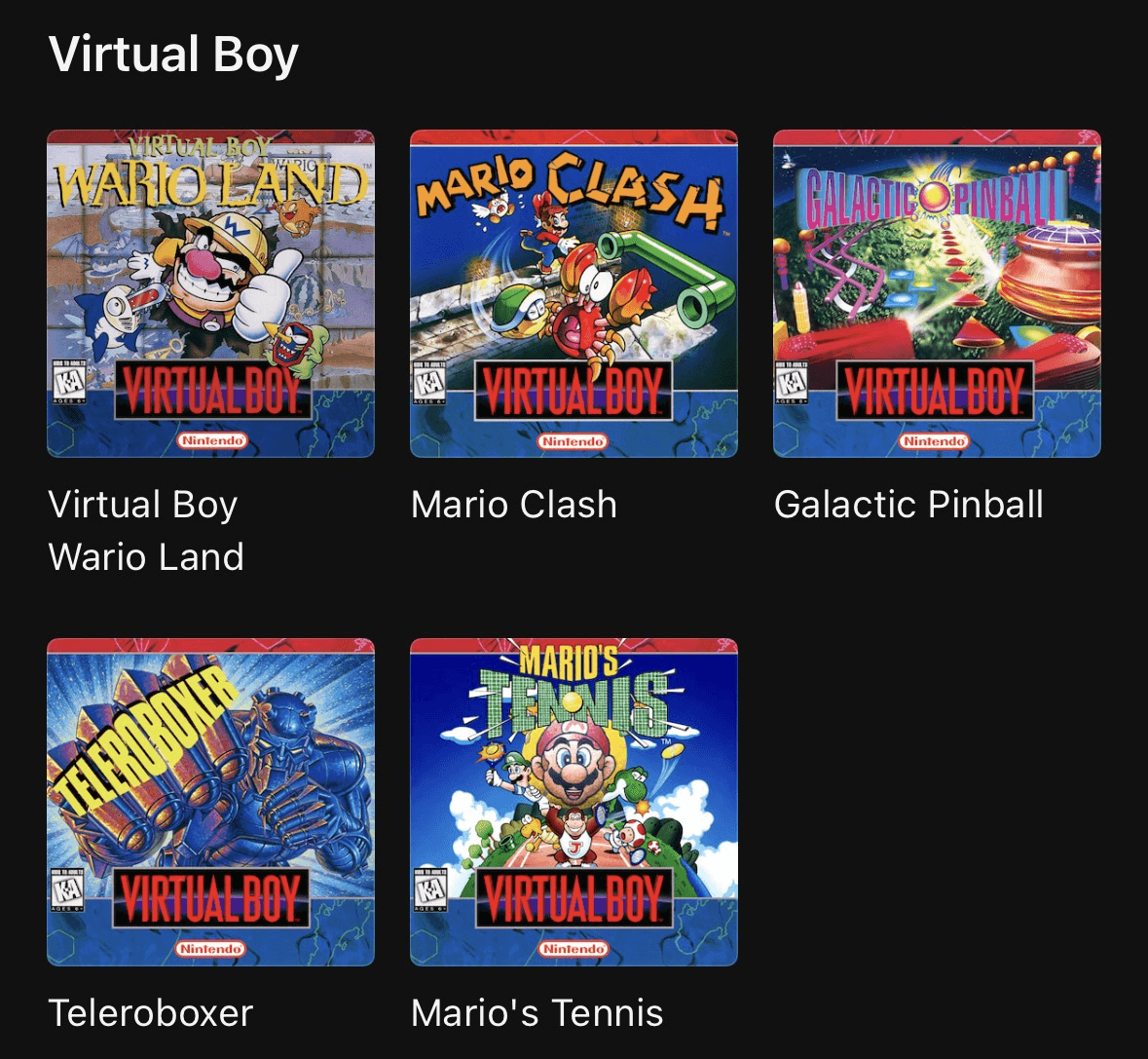 The newly added 'Virtual Boy' section that appears on Nintendo Music when sorting by platform. Never thought I'd see the day.